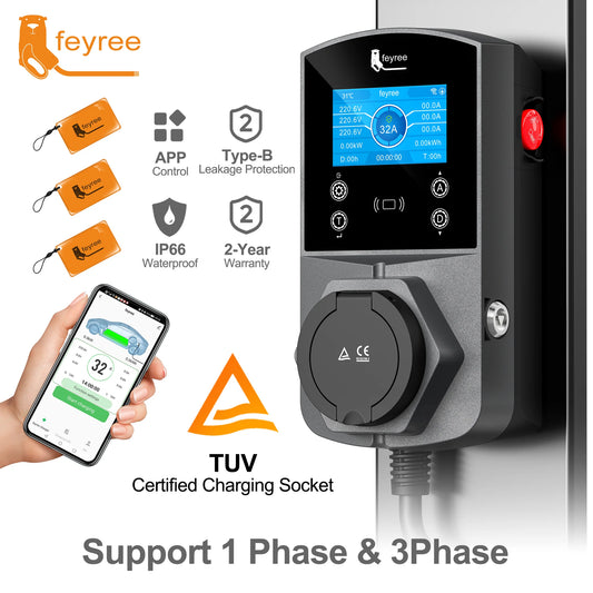 feyree 22KW Type2 EV Charger Socket Version Smart Electric Car Charger for TS-NACS Type1 GB/T Plug EVSE Wallbox WIFI APP Control