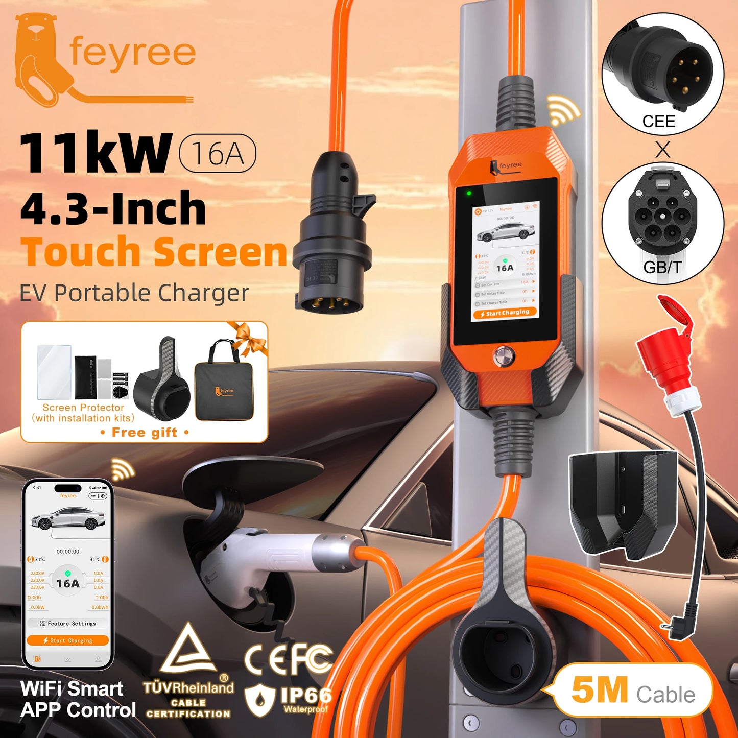 feyree 11kW 16A 3P Portable EV Charger GB/T Plug 4.3" Touchscreen & Charge History WIFI APP Ctrl Smart EVSE for Electric Vehicle