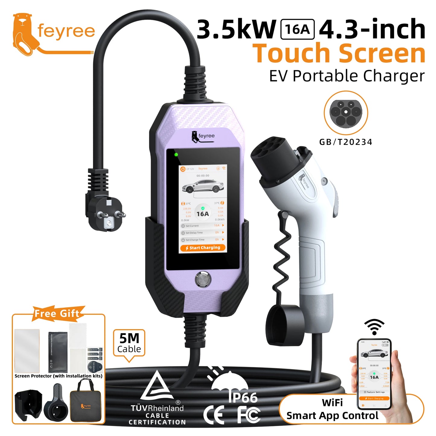 feyree GB/T EV charger 16A 3.5kW 1Phase 4.3'' Touchscreen & Smart APP OTA Version Current Adjustable for Electric Car Charger
