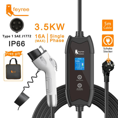 feyree Type2 3.5KW 16A Adjust Current EV Charger Portable Charging Box Set Current&Delay Time with Schuko Plug for Electric Ca