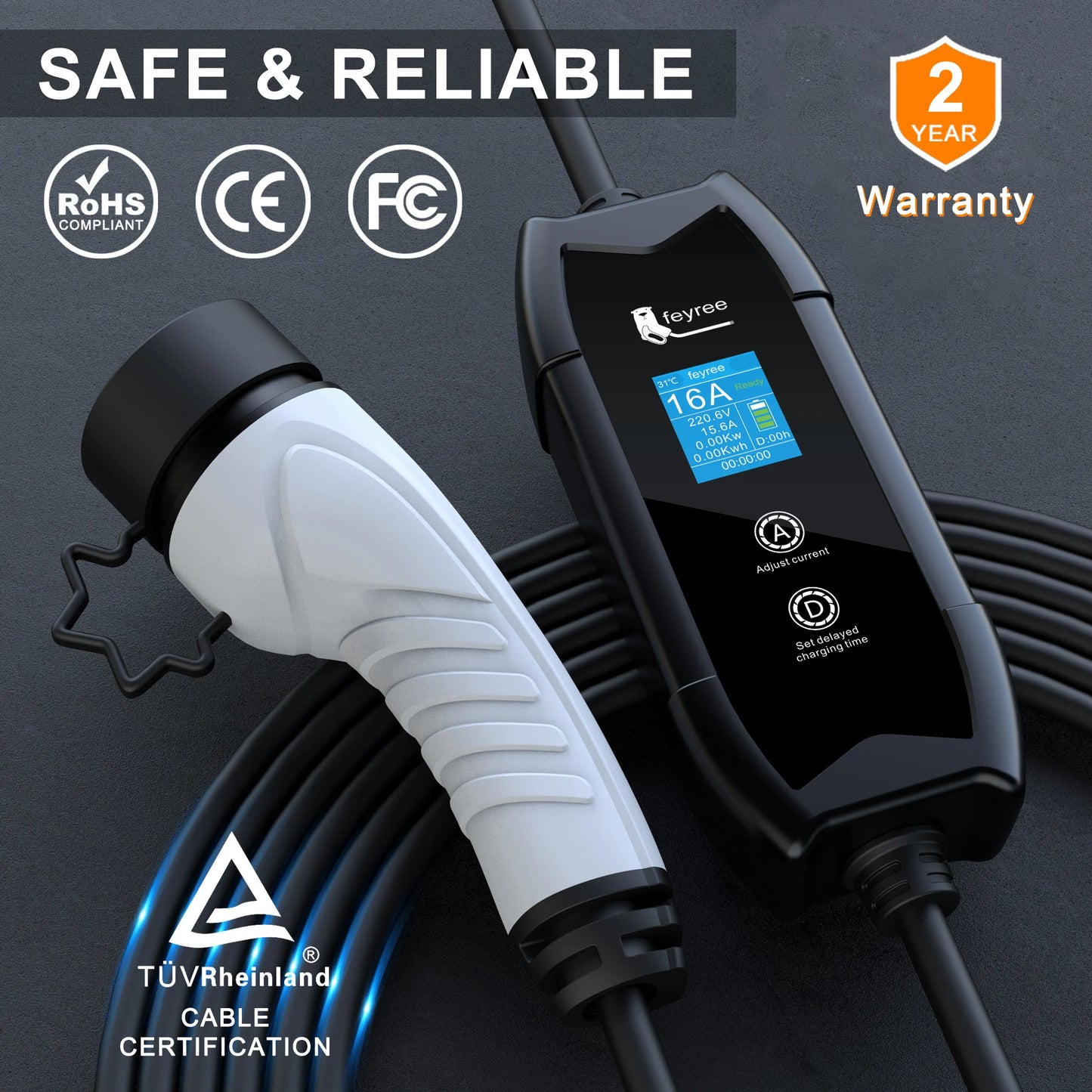 feyree Type2 3.5KW 16A Adjust Current EV Charger Portable Charging Box Set Current&Delay Time with Schuko Plug for Electric Ca