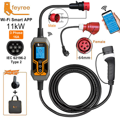 feyree 11kW Type2 16A 3Phase Portable EV Charger Wi-Fi APP Bluetooth Version EVSE Charging Cable 5m CEE Plug for Electric Car