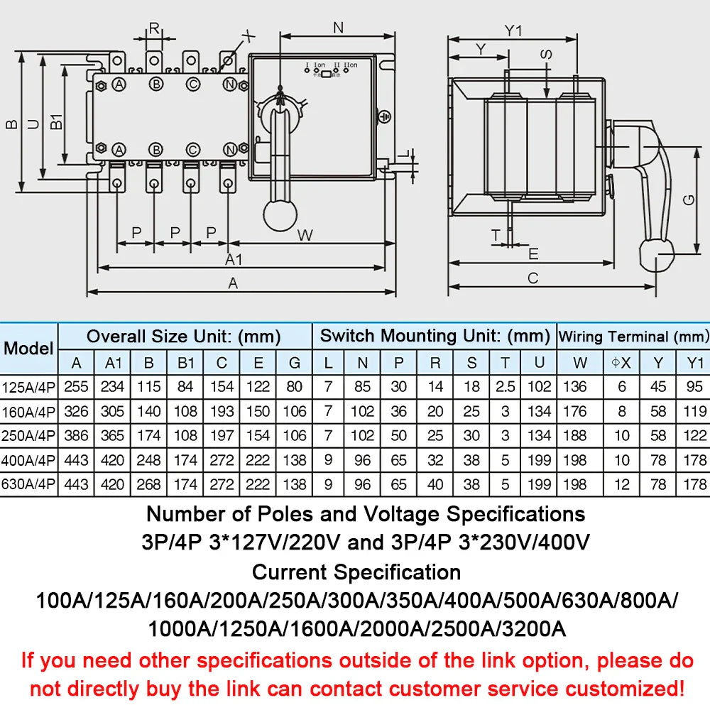 4P 400A AC400V ATS PC Automatic Transfer Switch Electrical Selector Switche  Auto or Manual 2 Input 1 Output Uninterrupted Power