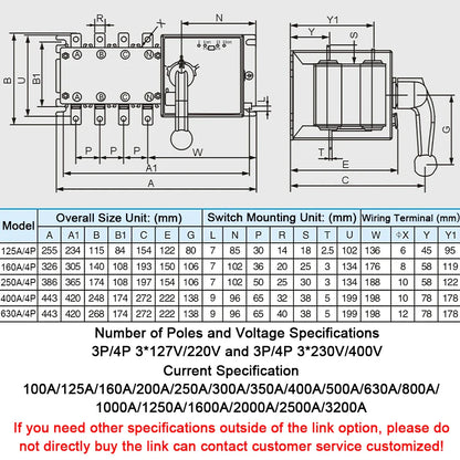 4P 250A AC400V ATS PC Automatic Transfer Switch Electrical Selector Switche  Auto or Manual 2 Input 1 Output Uninterrupted Power