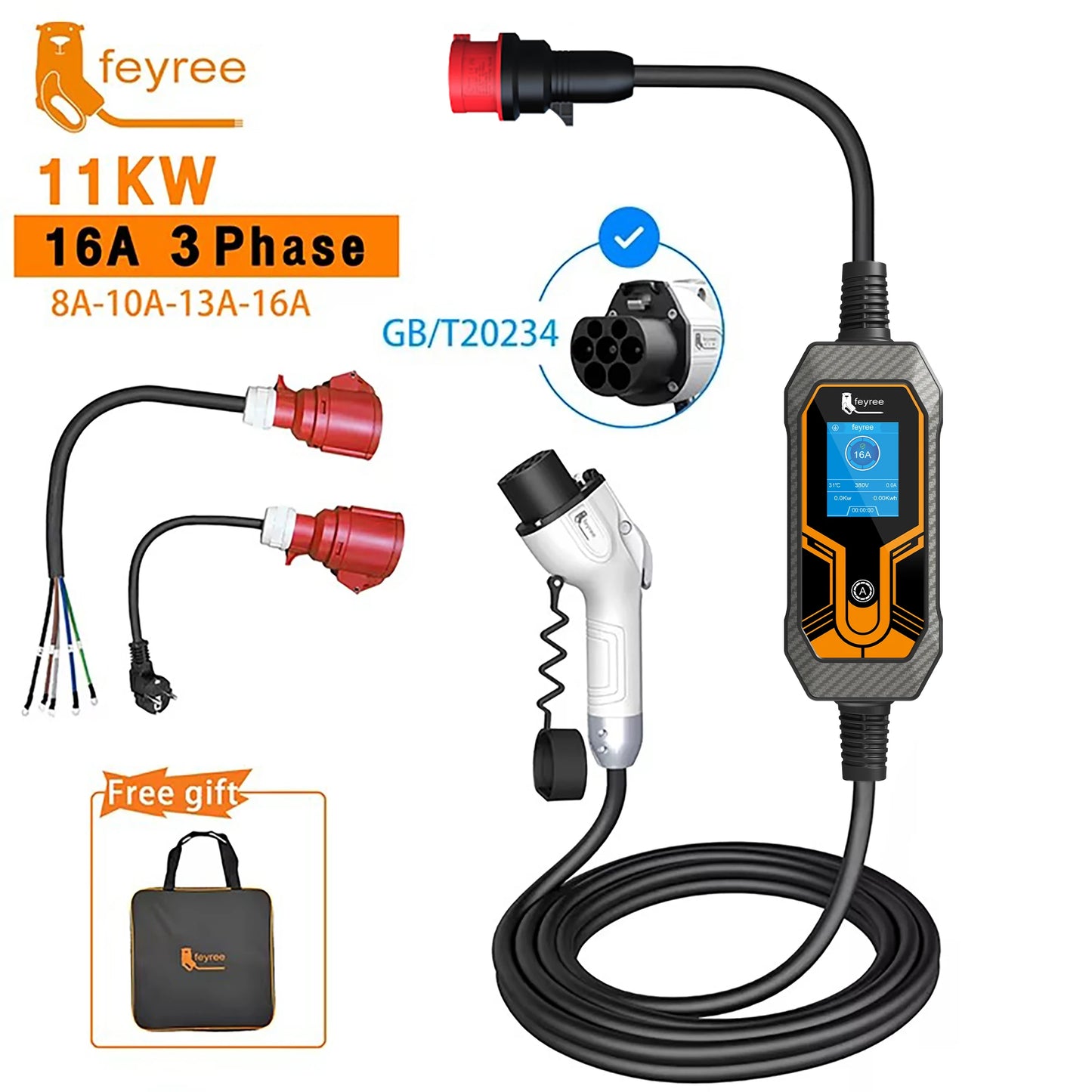 feyree 11KW 16A 3 Phase GB/T Cord EV Charger Adapter Portable Charging Box EVSE Car Charger with 5m Cable for Electric Vehicle