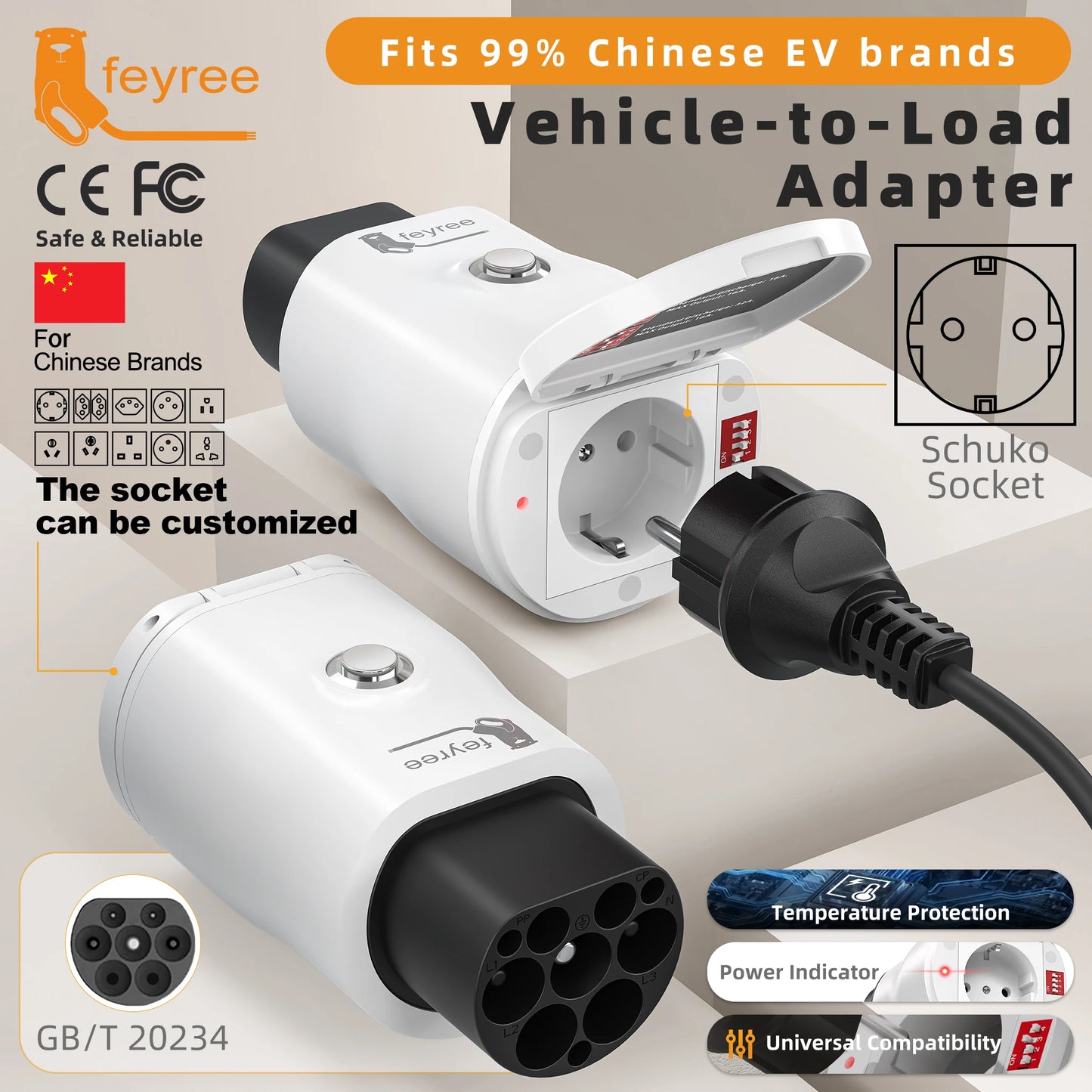 feyree GB/T EV Discharge Adapter with Temp Protection & Power Light - Adjustable Switch for Chinese EV Cars V2L for Camping Use