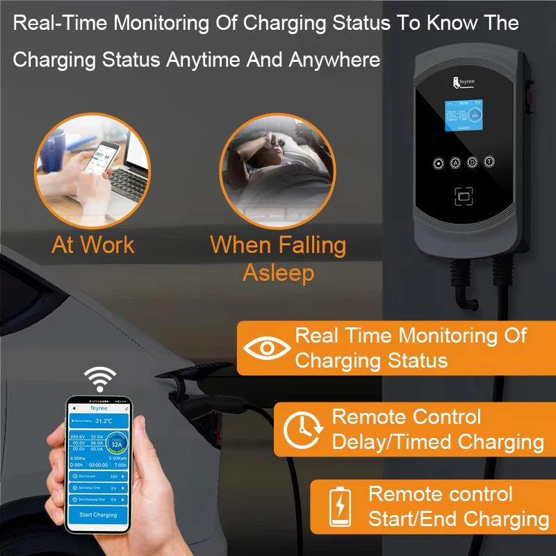 feyree EV Charging Station 32A 7.6KW Electric Vehicle Car Charger EVSE Wallbox 9.6KW 12KW 5m Cable TS-NACS Socket APP Control
