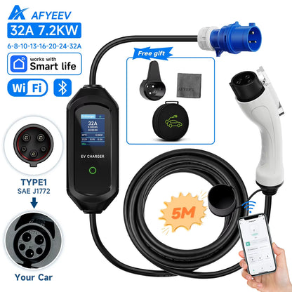 AFYEEV 32A 7.2KW Portable EV Charger Type2 Type1 Electric Vehicle Charger GB/T EVSE Charging Cable Wi-Fi Bluetooth APP Control