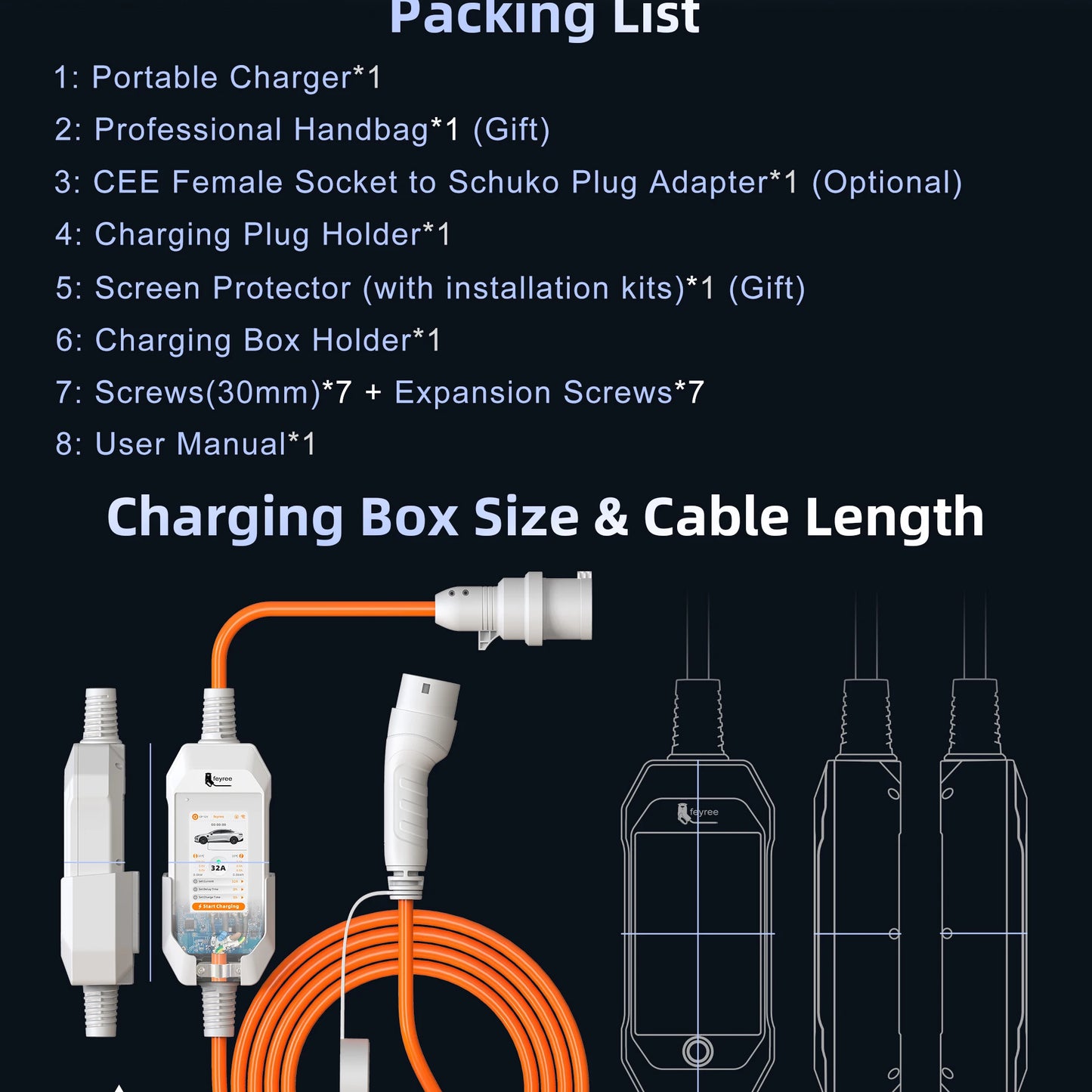 feyree Touch Screen Portable EV Charger Type2 / Type1 / GBT / TS-NACS Socket EV Charger 32A 7KW 1 Phase Smart APP Wi-Fi Control