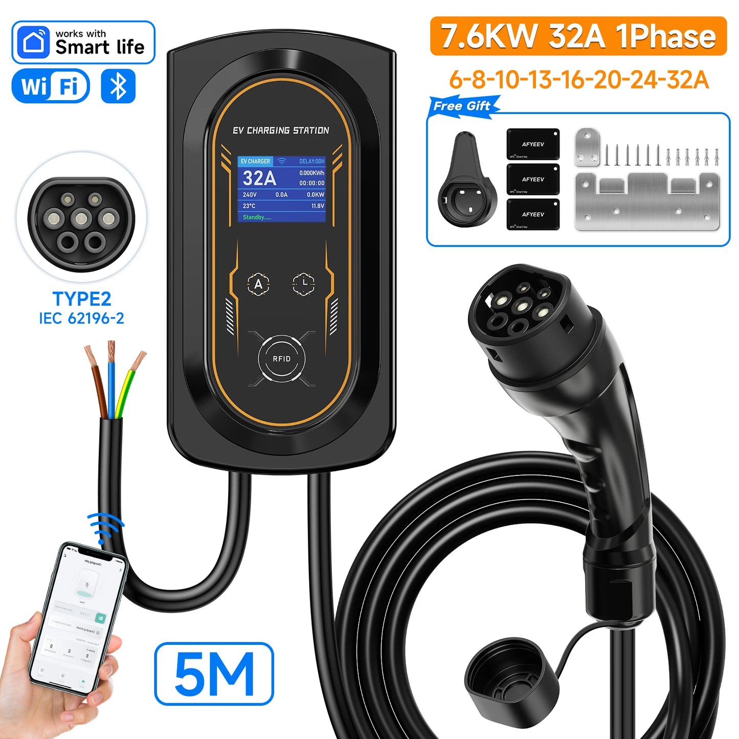 AFYEEV EV Charger 32A 7.6KW Electric Vehicle Car Charger EVSE Wallbox 11KW 22KW 3Phase Type2 Cable IEC62196-2 Socket APP Control