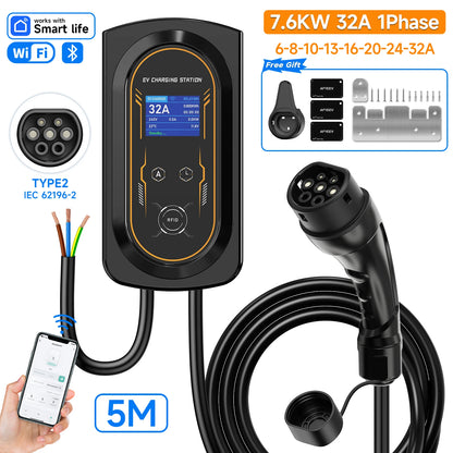AFYEEV EV Charger 32A 7.6KW Electric Vehicle Car Charger EVSE Wallbox 11KW 22KW 3Phase Type2 Cable IEC62196-2 Socket APP Control