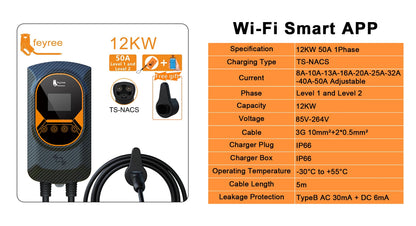 feyree EV Charging Station for TS-NACS Socket EVSE Wallbox 32A 7.6KW 40A 9.6KW 50A 12KW Fast Charging APP Control for Tesla Car