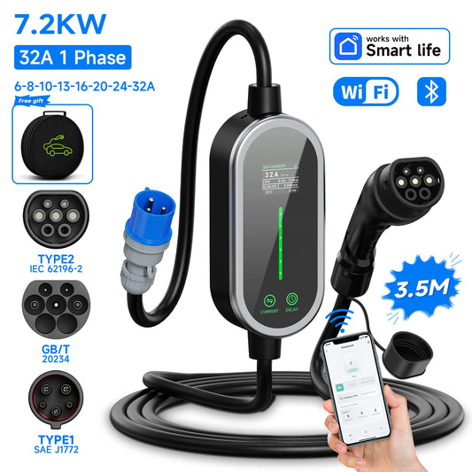 AFYEEV Type 2 Portable EV Charger 7.2KW 32A 1Phase Wallbox Type1 GB/T EVSE Charging Cable CEE Plug WiFi APP Bluetooth Control