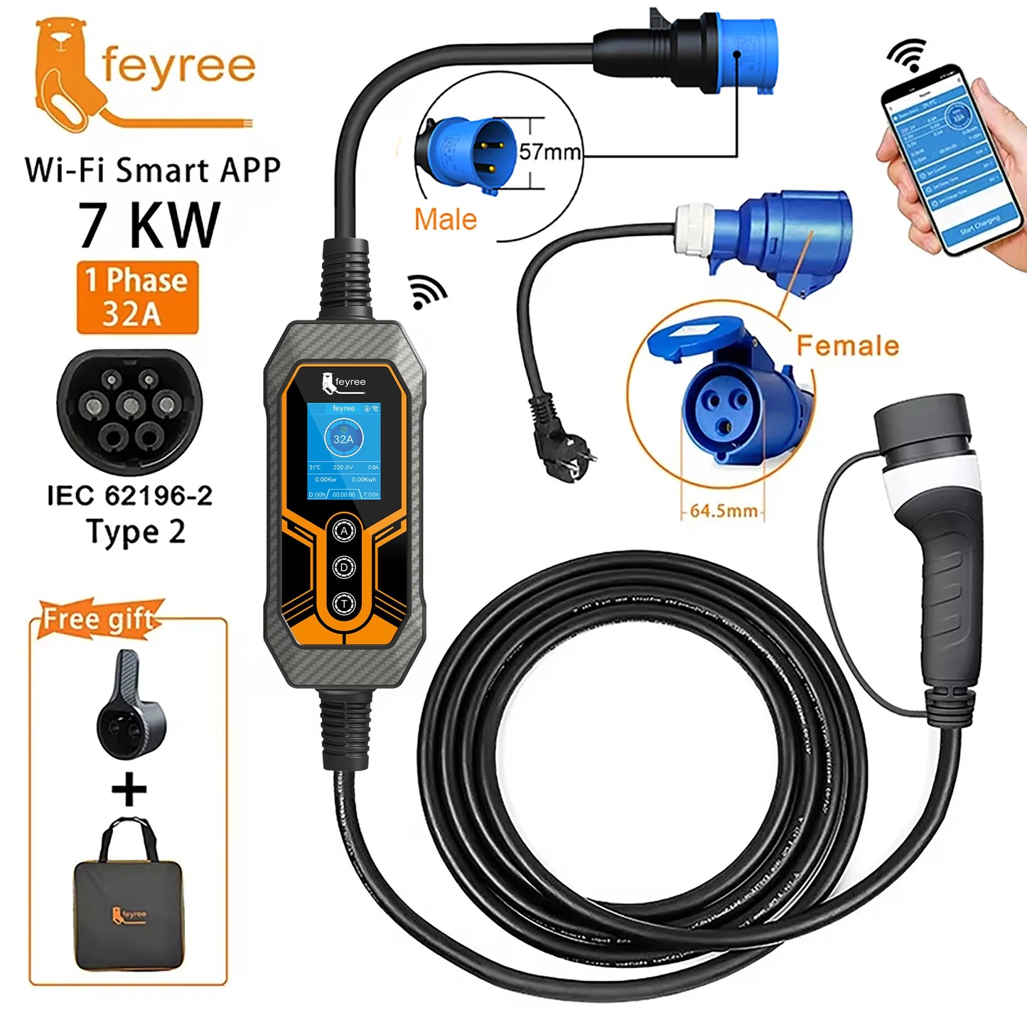feyree Portable EV Charger Type2 32A 7KW Wi-Fi APP Control Current Adjustable Smart Timing Charging EVSE Wallbox Home&Outdoor