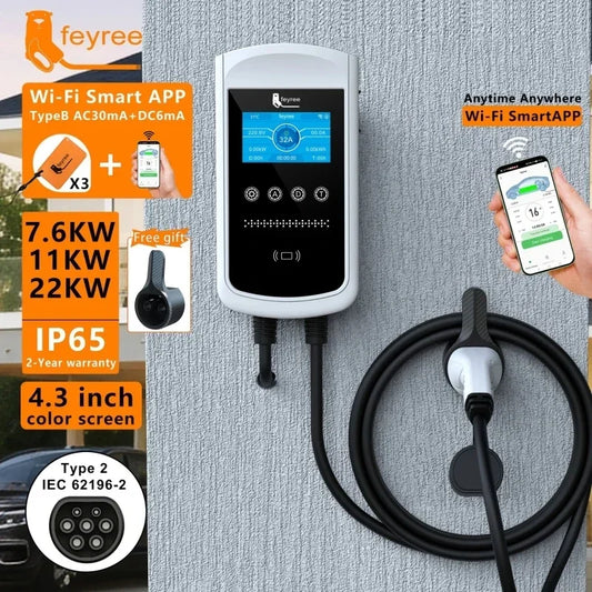 feyree Type2 EV Charger 32A 7.6KW Charging Station Car Charger 11KW 22KW 3Phase EVSE Wallbox 4.3inch Screen Smart APP Control