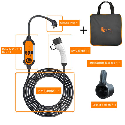 feyree EV Portable Charger Type2 5m Cable 3.5KW 16A IEC62196 Socket 1Phase Type1 j1772 Socket with Schuko Plug for Electric Car