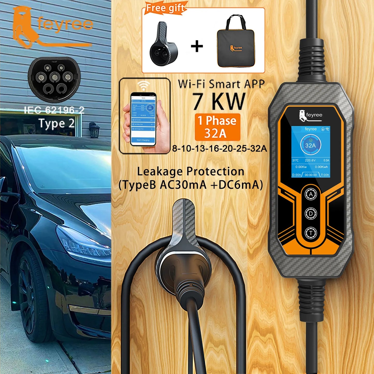 feyree Portable EV Charger Type2 32A 7KW Wi-Fi APP Control Current Adjustable Smart Timing Charging EVSE Wallbox Home&Outdoor