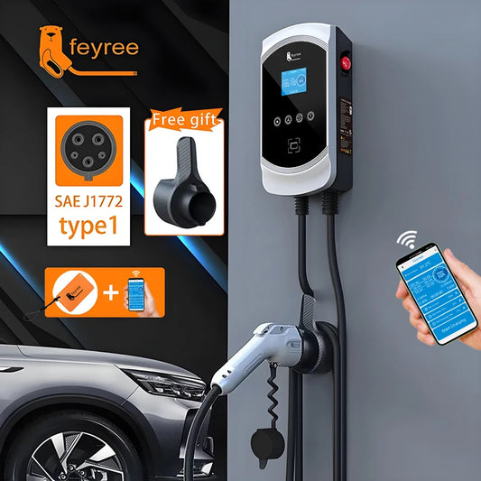 feyree EV Charger Type1 Cable j1772 Socket 32A 40A 50A Single Phase EVSE Wallbox Charging Station APP Control for Electric Car