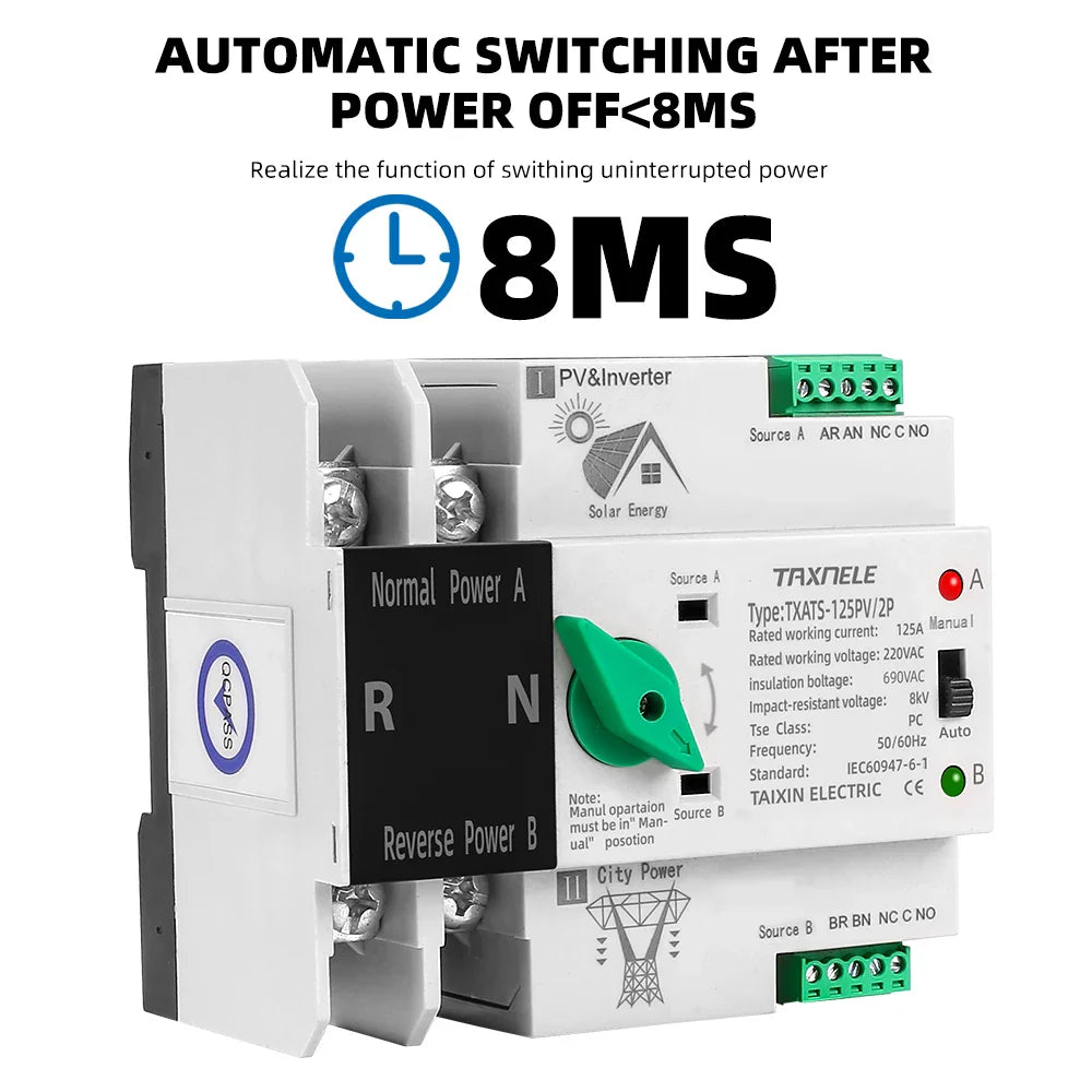 Dual Power Automatic Transfer Selector Switches Uninterrupted 63/ 100/ 125A photovoltaics solar by 54Grid - Renewable Energy Store