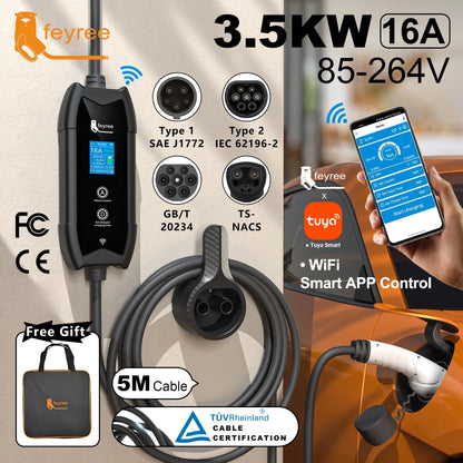 feyree Type2 EV Charger WIFI APP Control 16A 3.5KW GBT 5M Cable Type1 Portable Charging Box Set Charging&DelayTime for EV Cars