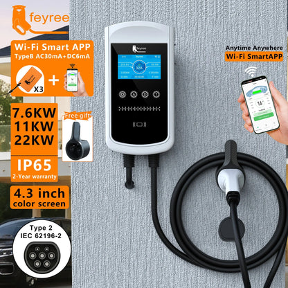 feyree Type2 EV Charger 32A 7.6KW Charging Station Car Charger 11KW 22KW 3Phase EVSE Wallbox 4.3inch Screen Smart APP Control