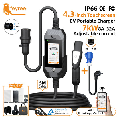feyree 4.3Inch Touch Screen EV Charger 7kW 32A 1Phase TS-NACS Socket Smart WIFI APP Control EVSE Portable Box for Tesla EV Cars
