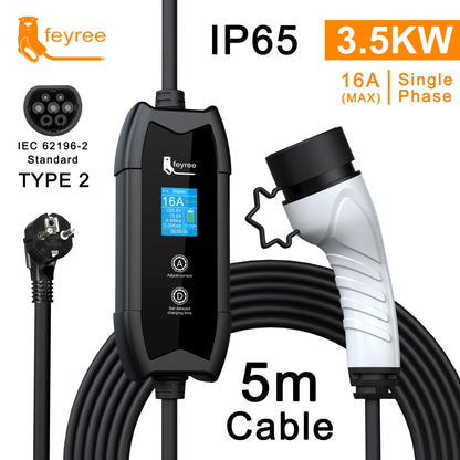 feyree Type2 3.5KW 16A Adjust Current EV Charger Portable Charging Box Set Current&Delay Time with Schuko Plug for Electric Ca