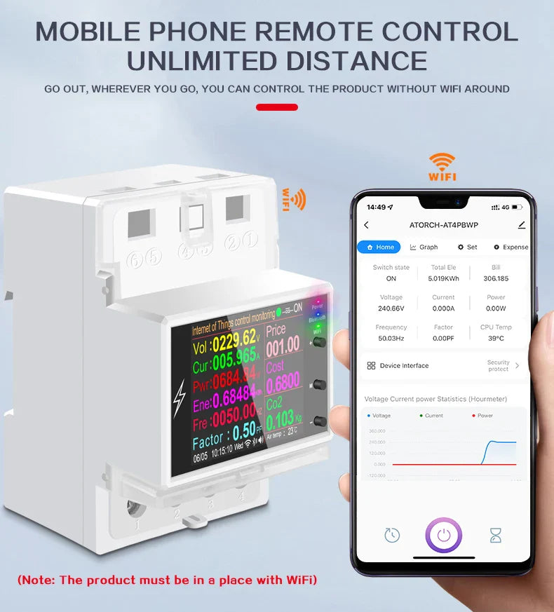 AT4PW 100A Tuya WIFI Din Rail Smart Switch Remote Control AC 220V 110V Digital Power Energy Volt Amp Kwh Frequency Factor Meter by 54Grid - Renewable Energy Store
