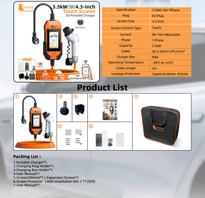 feyree GB/T EV charger 16A 3.5kW 1Phase 4.3'' Touchscreen & Smart APP OTA Version Current Adjustable for Electric Car Charger