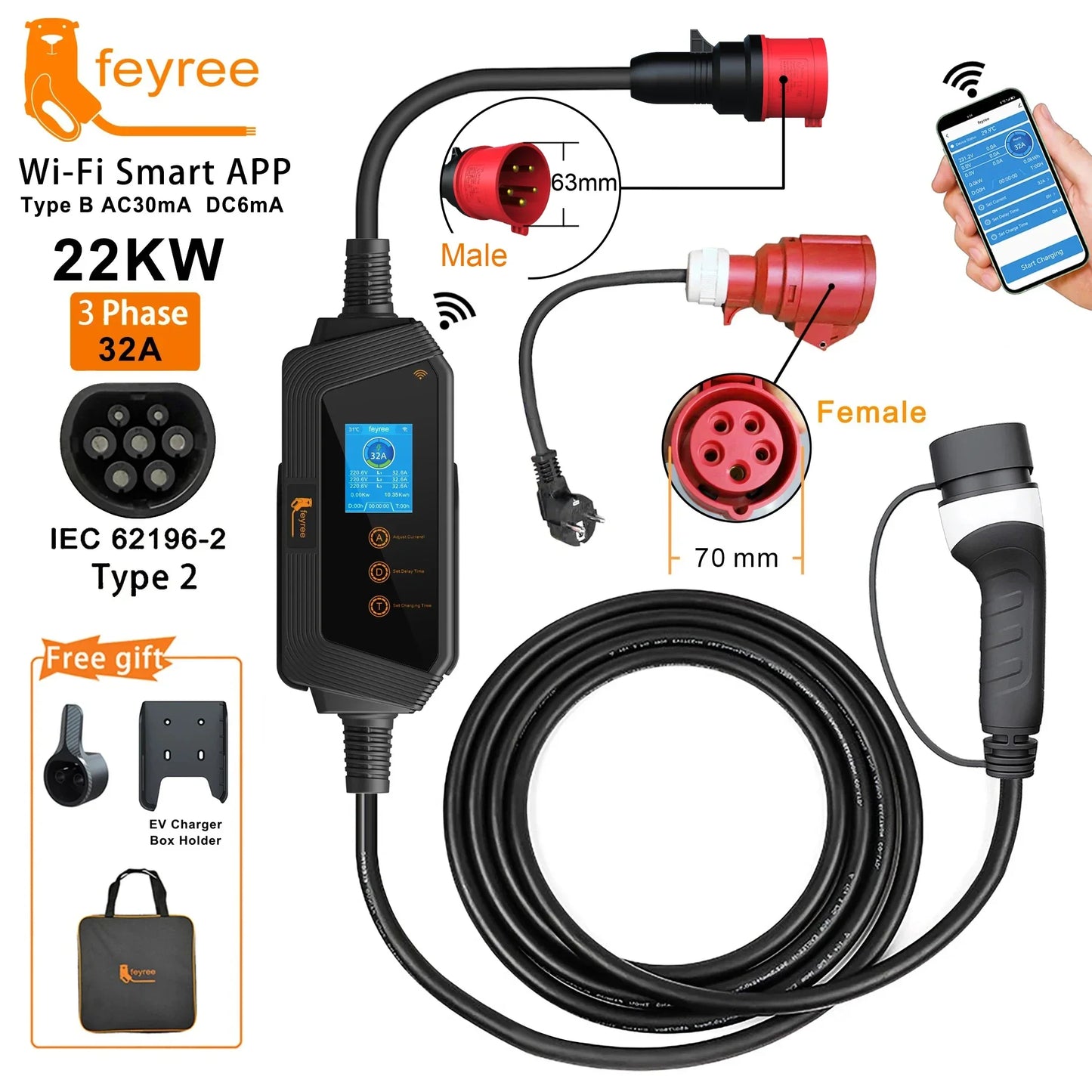 feyree 22KW 32A 3Phase Type2 EV Charger Wi-Fi APP Control EVSE Portable Charging Box Charging Station for Electric Car Charger by 54Grid - Renewable Energy Store