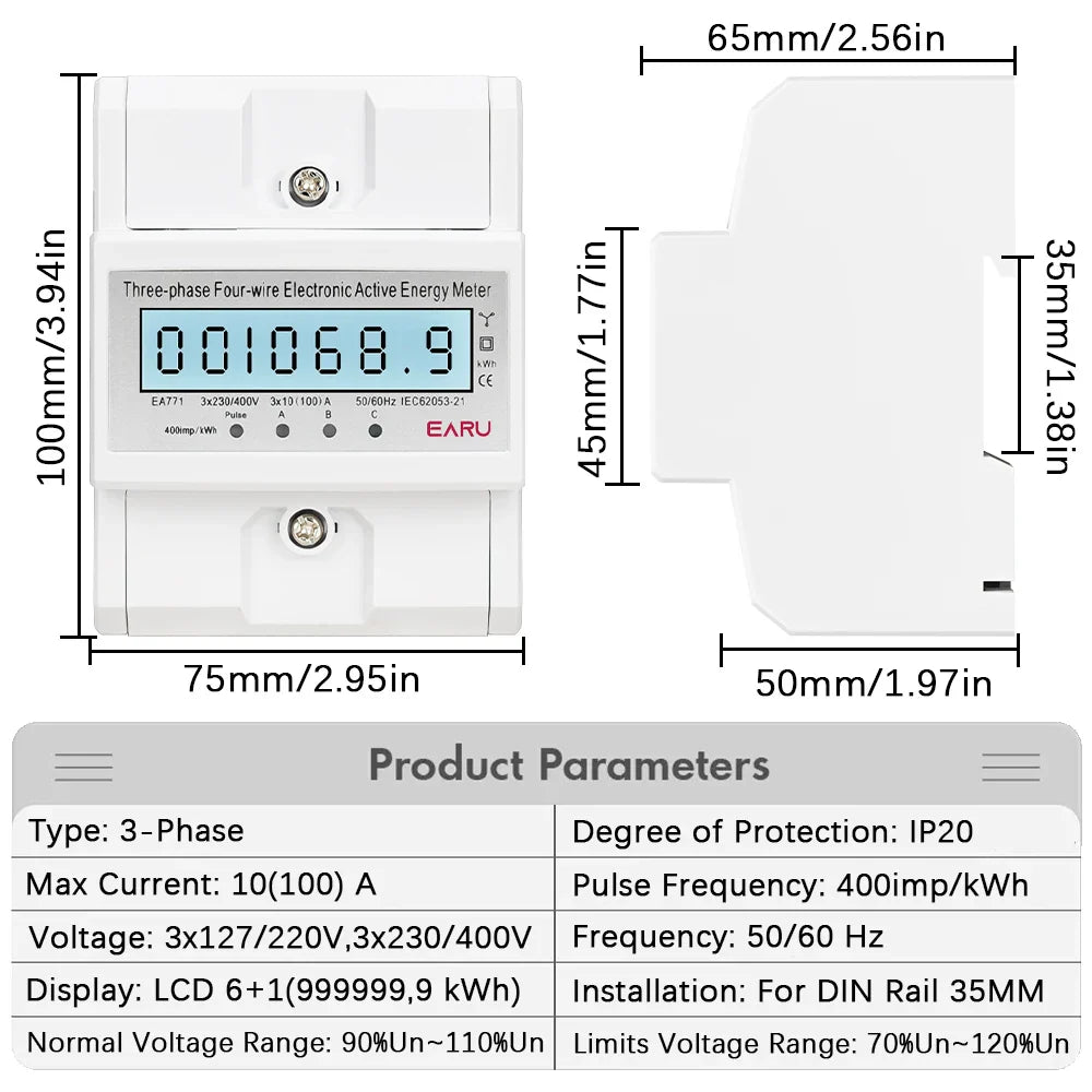Three Phase LCD Energy Meter Backlight Bidirectional Electricity Meter kWh RS485 Remote Communication for Meter Reading AC 380V