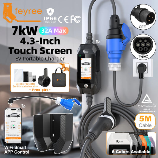 feyree 4.3 Inch Touch Screen Portable 7kW EV Charger Type2 Charging Plug with Smart Wifi APP AC Home Charger Professional Design