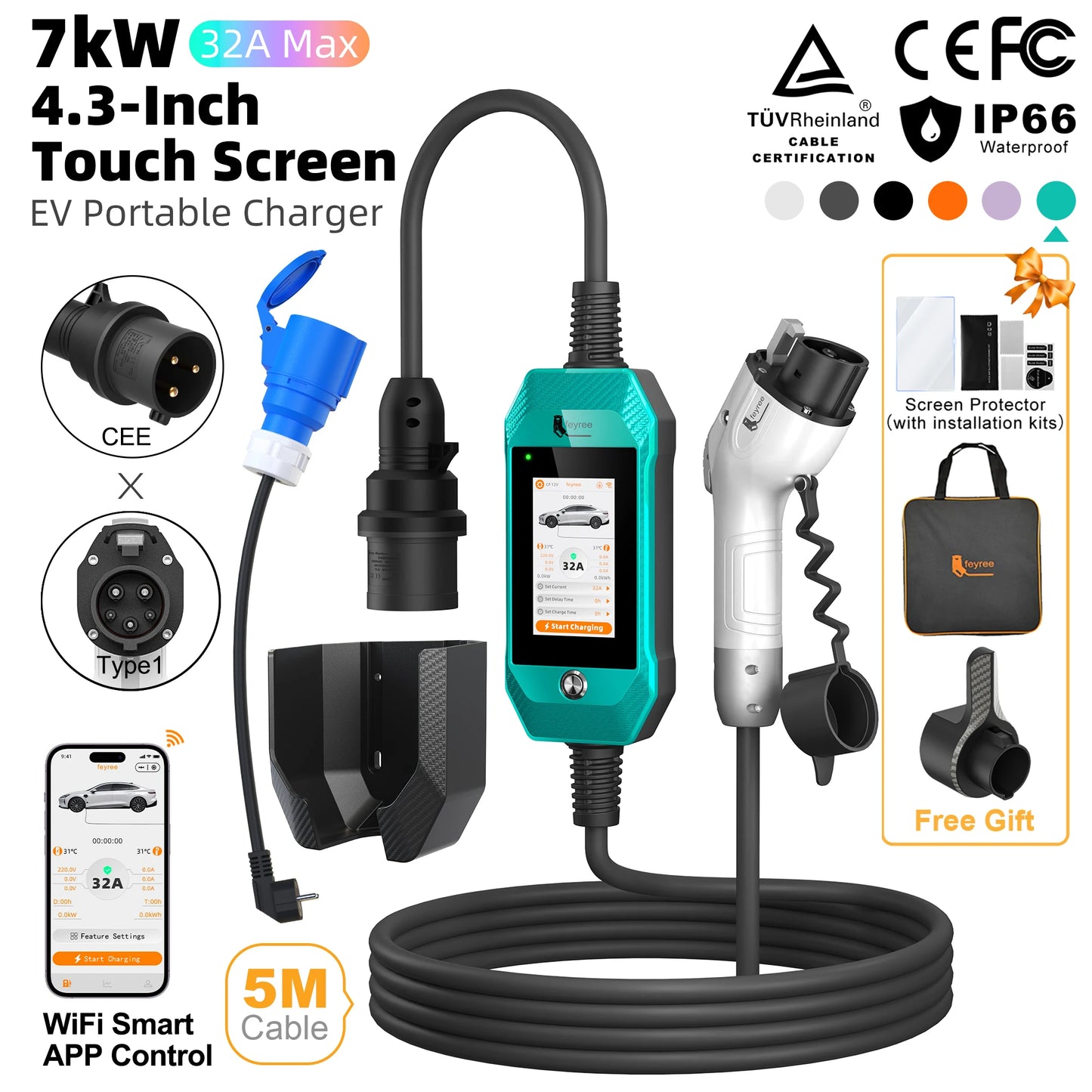 feyree 4.3'' TouchScreen Type1 Charging Plug Portable 7kW EV Charger Dual Temp Portection with Smart APP OTA Upgrade AC Charger