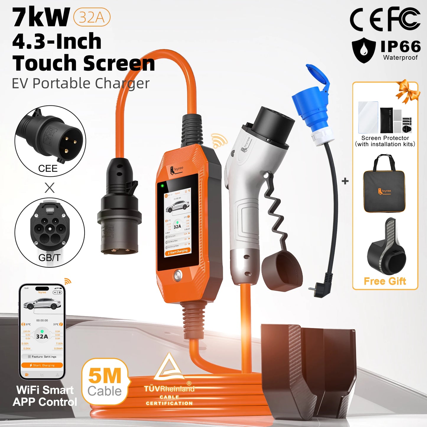 feyree Portable EV Charger 4.3" Touchscreen 7kW 32A GBT Plug, Smart APP WiFi Control, with Charging Log History for Electric Car