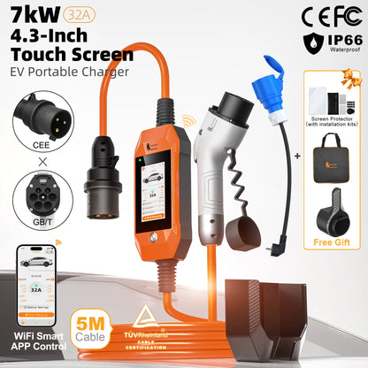 feyree Portable EV Charger 4.3" Touchscreen 7kW 32A GBT Plug, Smart APP WiFi Control, with Charging Log History for Electric Car