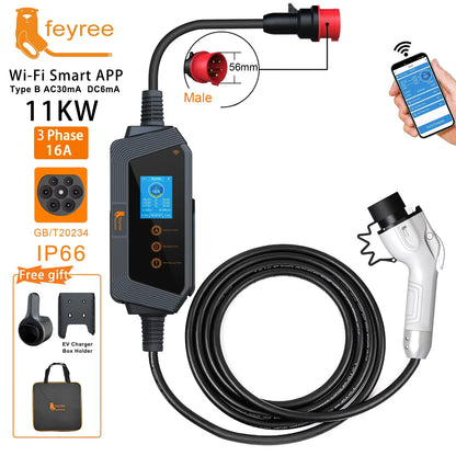 feyree GBT Socket  22KW 11KW 3P Fast Smart Charging APP Bluetooth Version 7KW 32A 1P EVSE Portable Charging Box for Electric Car