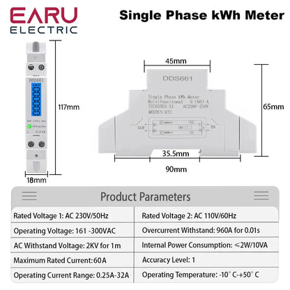 Single Phase Backlight Wattmeter Power LCD Digital Display Consumption Meter KWh 60A 110V 230VAC 50Hz Watt Din Rail Energy Meter by 54Grid - Renewable Energy Store