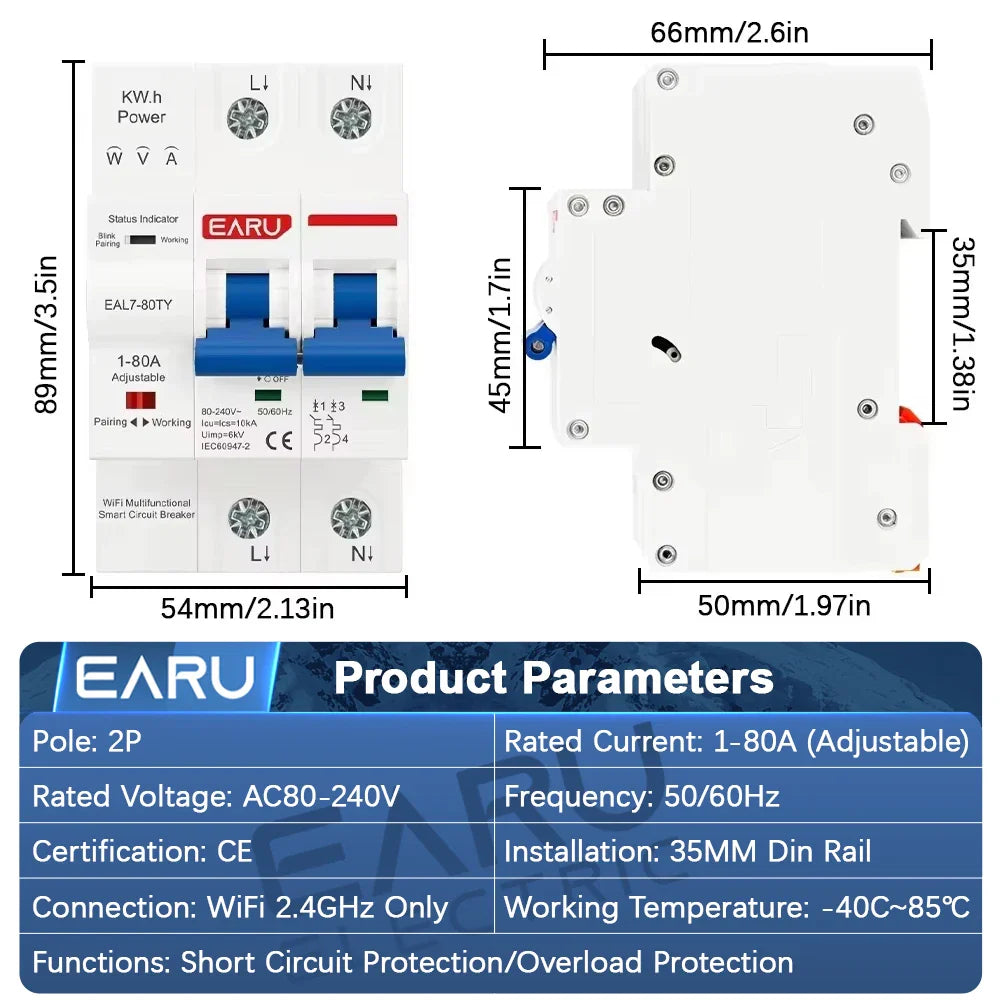 Tuya WiFi Smart Circuit Breaker MCB AC230V 1-80A Adjustable Energy Meter kWh Over Current Under Voltage Short Circuit Protection