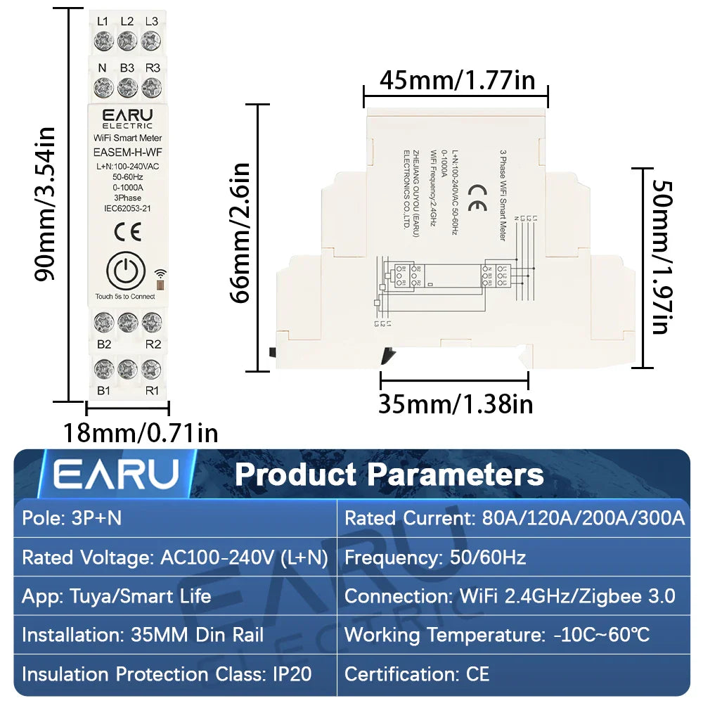Tuya Smart WiFi ZigBee Energy Meter with 3 CT Clamps for Solar PV System Power Production Consumption Bidirectional Monitoring