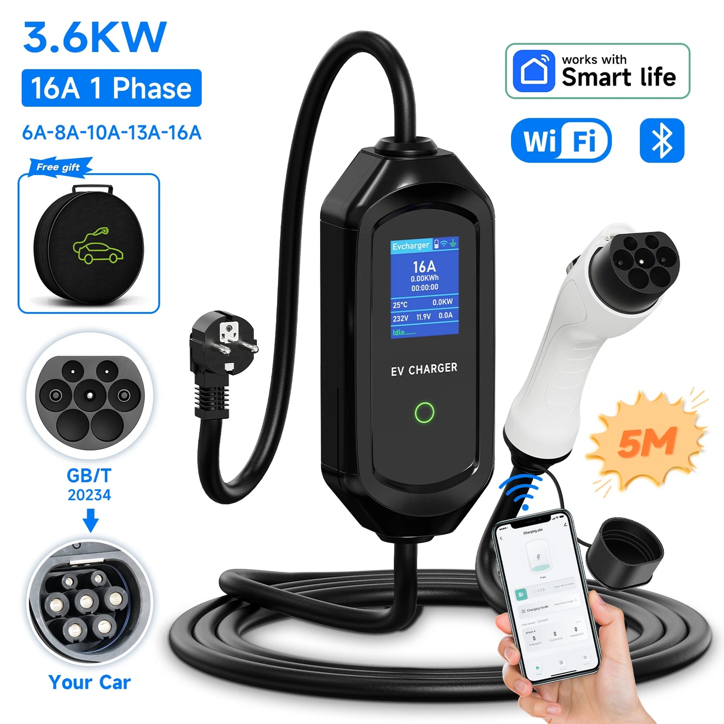 GB/T Portable EV Charger 3.6KW 7.2KW 11KW 22KW WiFi Bluetooth APP Control Adjustable Current IP65 Waterproof with 5m Cable and 2.8" LCD Display