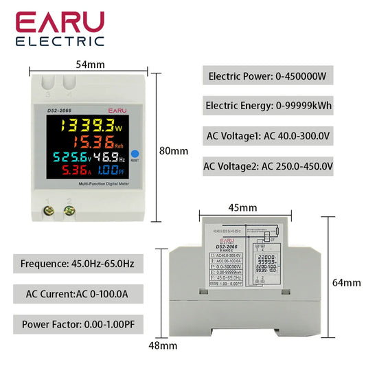 6IN1 Display Smart Meter Din Rail AC Monitor Voltage Current Power Factor Active KWH Electric Energy Frequency Meter D52-2066 by 54Grid - Renewable Energy Store