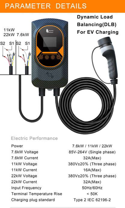 feyree GBT 22kW 32A Three Phase EV Wallbox Smart Dynamic Load Balance RFID Card APP Control EV Charging Station for Outdoor Use