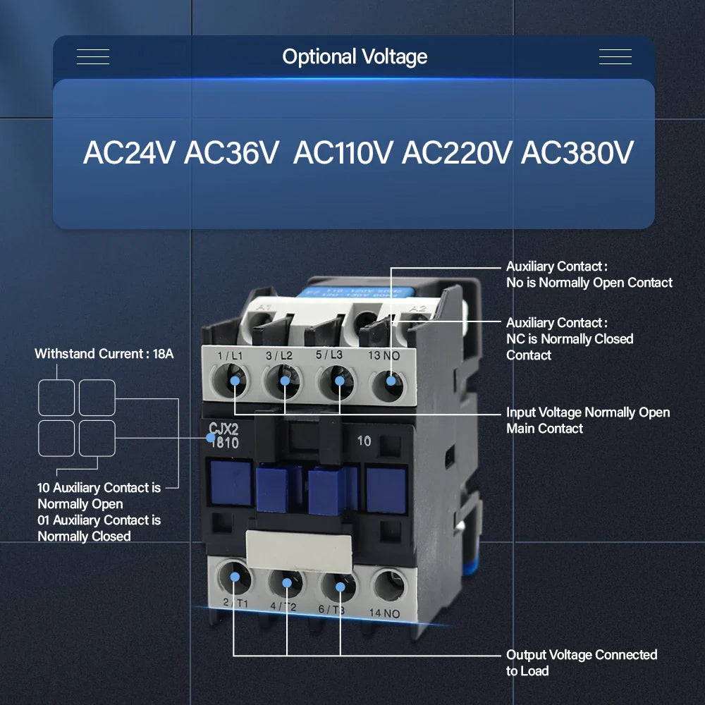 CJX2-1810 LC1 AC Contactor 18A 3 Phase 3-Pole NO Coil Voltage 380V 220V 110V 36V 24V 50/60Hz Din Rail Mounted 3P+1NO Normal Open by 54Grid - Renewable Energy Store