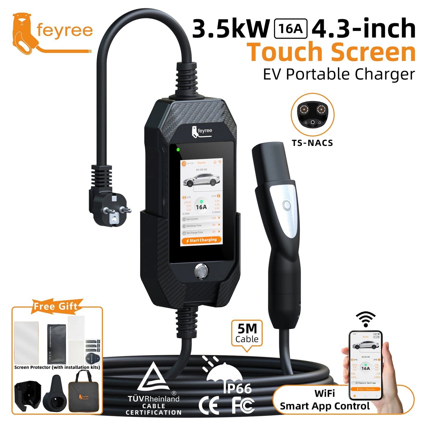feyree Portable EV Charger For Tesla 3.5kW 16A 1Phase 4.3in Touchscreen With WiFi APP Control with Box Holder For EV Car Charger