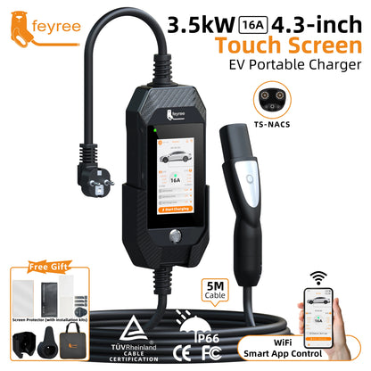 feyree Portable EV Charger For Tesla 3.5kW 16A 1Phase 4.3in Touchscreen With WiFi APP Control with Box Holder For EV Car Charger