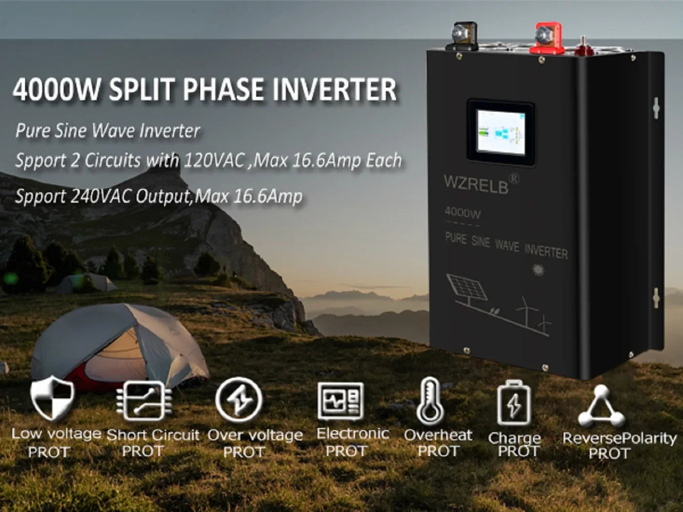 4000W Split phase Pure Sine Wave Inverter 24V/36V/48V/72V/96V DC to 110/220V,120/240V AC Converter Solar Power Battery Generator - 54Grid - Renewable Energy Store
