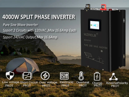 4000W Split phase Pure Sine Wave Inverter 24V/36V/48V/72V/96V DC to 110/220V,120/240V AC Converter Solar Power Battery Generator - 54Grid - Renewable Energy Store