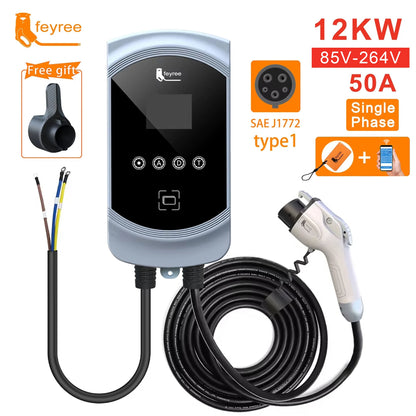 feyree EV Charger Type1 Cable j1772 Socket 32A 40A 50A Single Phase EVSE Wallbox Charging Station APP Control for Electric Car