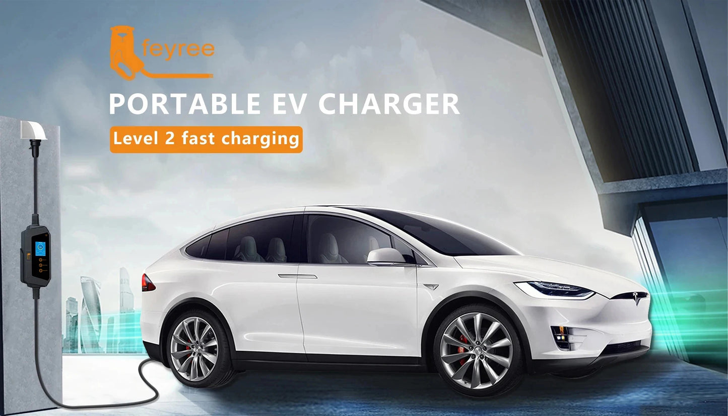 feyree Portable EV Charger with TS-NACS Connector 32A up to 50A 12kw High Power EV wallbox with APP WIFI for All Tesla Models