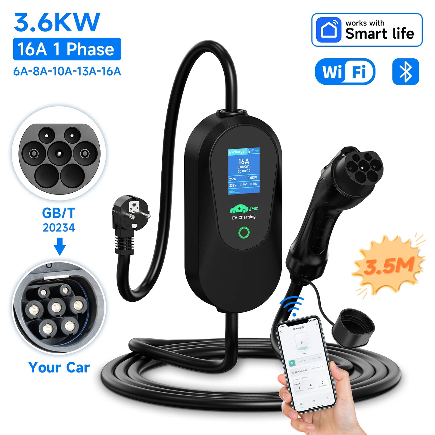 AFYEEV 3600W Portable Type2 IEC62196-2 EV Charger Type1 SAE J1772 Electric Car Charger GBT EVSE Charging Cable WiFi Bluetooth